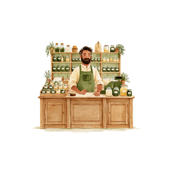 Illustration : un commerçant derrière son comptoir