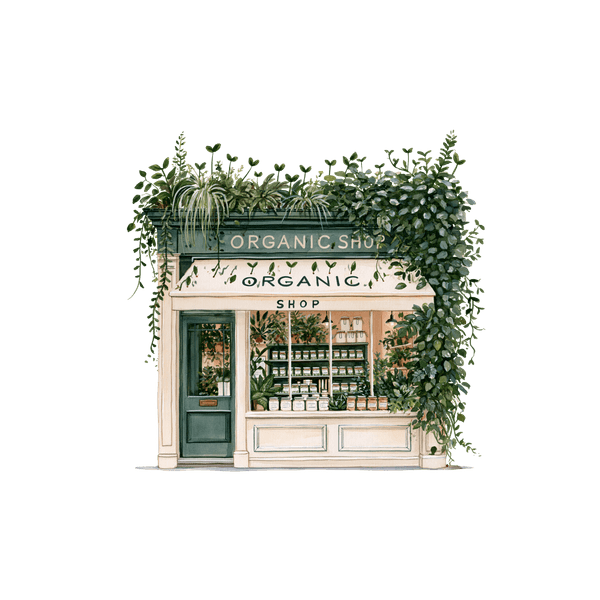 Illustration : une devanture de magasin bio couverte de plantes